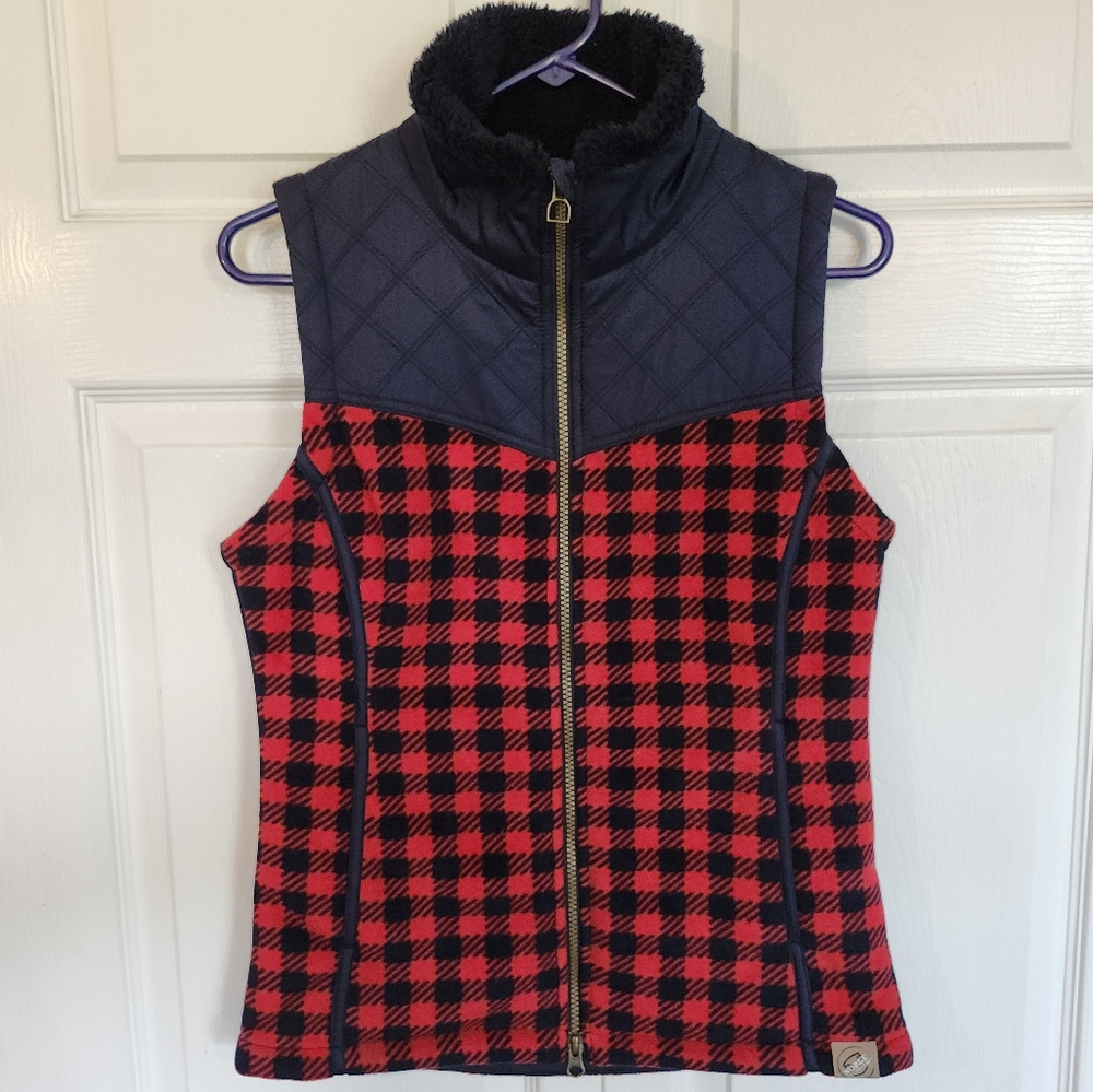 Noble Outfitters Equestrian Heritage Check Vest Red/Navy Fleece Wms Size S EUC